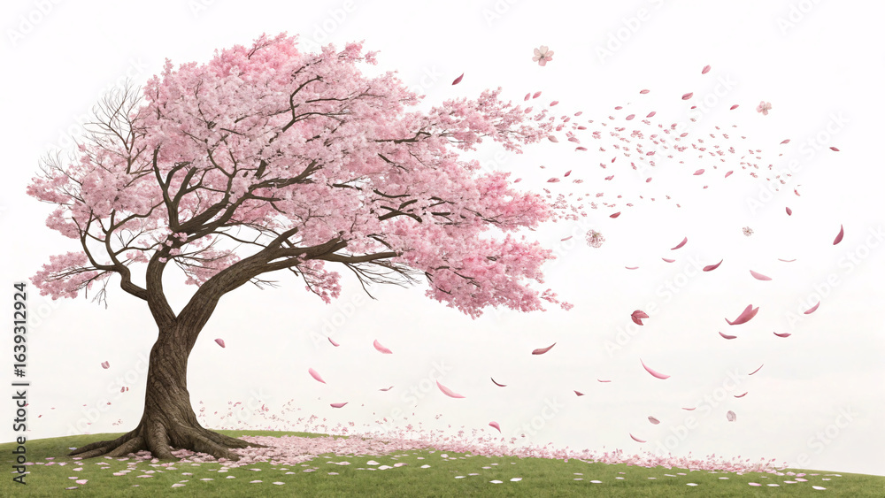 Fototapeta premium Cherry blossom tree in full pink bloom with petals dancing in wind across peaceful green meadow under soft white sky.