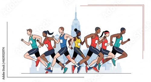 Urban marathon runners competing in an energetic race through the city, showcasing diversity and athleticism with determination and team spirit against a backdrop of skyscrapers