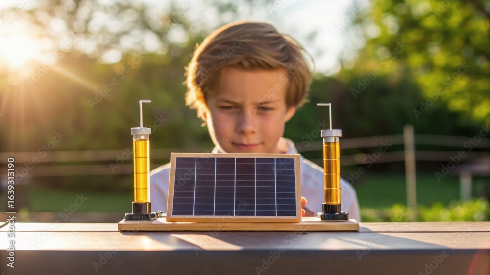 Fototapeta premium A young boy observes a model solar energy setup outdoors, with sunlight illuminating the scene and greenery in the background.