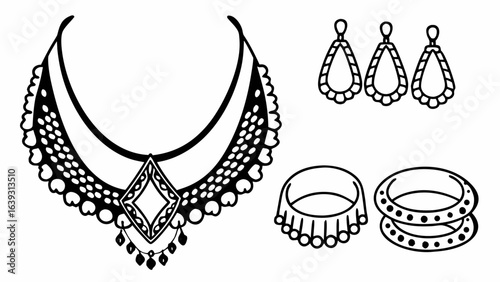 Illustration of a necklace with pendant, earrings and bracelets in black and white outline style created with generated ai