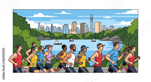 Diverse group participating in a marathon amidst a vibrant cityscape and serene waterfront scenery, showcasing athleticism and urban wellness with a picturesque backdrop