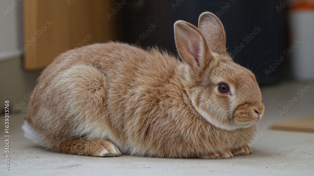 Obraz premium Resting lop-eared rabbit with a distinct fluffy coat, exhibiting a peaceful presence indoors.
