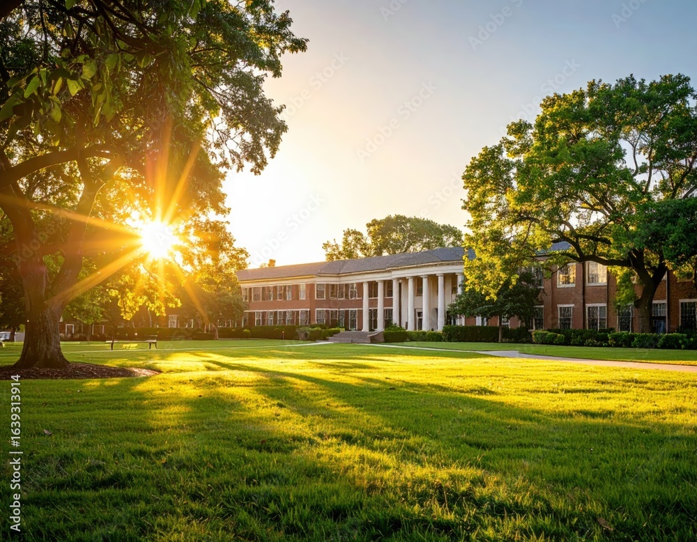 Obraz premium Stunning sunrise over lush green campus with classic building and sunbeams