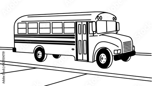 Illustration of a school bus with windows and stripes parked on a road with lane markings in black and white created with generated ai