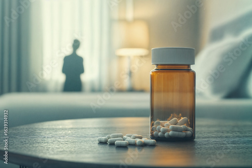 Amber bottle with diazepam, valium tablets on table, soft light and blurred figure by window. Mental health concept: anxiety, insomnia, therapy, prescription, sedative medication.