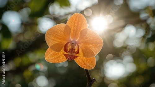 Close-up shot of a vibrant orange orchid flower
