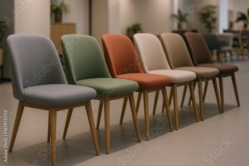 Wallpaper Mural Modern Upholstered Chairs with Wooden Legs Arranged in a Row, Showcasing Various Earthy Tones and Contemporary Design Torontodigital.ca
