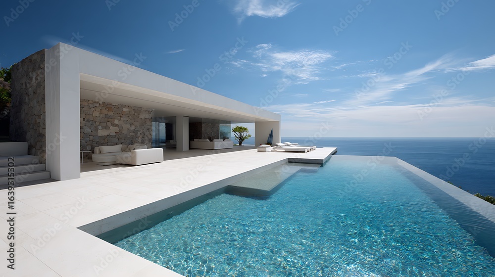 Fototapeta premium Stunning Modern Villa With Infinity Pool Overlooking the Azure Ocean Under a Bright Blue Sky