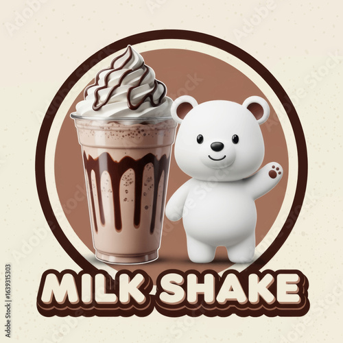 3D Polar Bear Mascot with a Chocolate Milkshake Logo on a Brown Background Vector Illustration