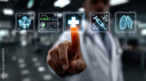 Doctor interacts with futuristic digital panel displaying health and advanced technology icons in hospital Generated with AI