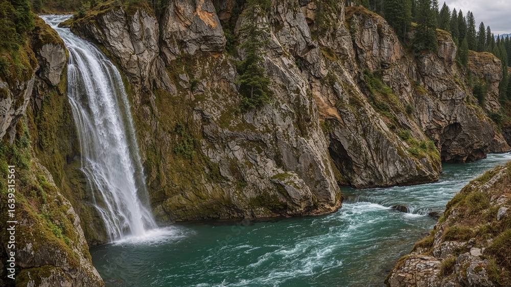 Fototapeta premium A breathtaking gorge featuring rugged cliffs and peaceful waterfalls surrounded by lush moss.