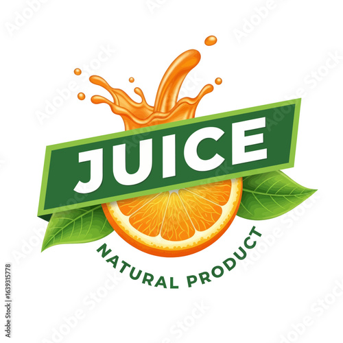 3D Rendered Red Apple Juice Logo with a Green Banner and "Natural Product" Text, Isolated on a White Background Vector Illustration