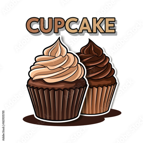 3D Rendered Cupcake Logo with Chocolate and Vanilla Flavors and "Cupcake" Text Vector Illustration