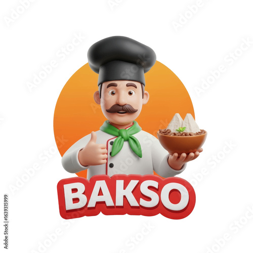 3D Rendered "Bakso" Mascot Character with Chef's Hat and a Bowl of Indonesian Meatballs Vector Illustration
