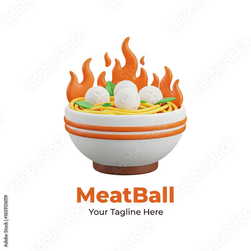 Meatball Text with a Bowl of Meatballs, Noodles, and a Fire Effect 3D Vector Illustration