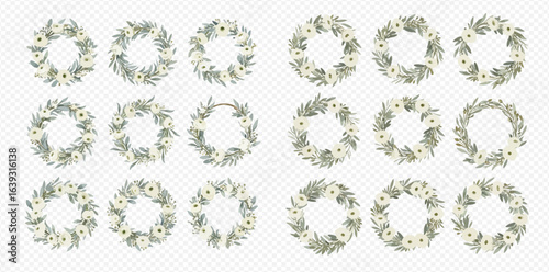 A collection of eighteen watercolor wreaths with delicate white flowers and muted green leaves, arranged in a grid on a transparent background.