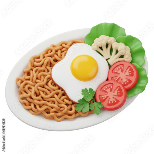 Delicious and realistic 3D render of instant noodles with a fried egg, fresh tomatoes, and vegetables Vector Illustration