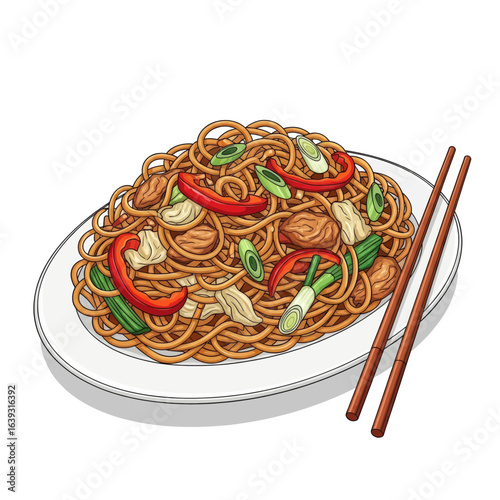 Hand-drawn style illustration of a delicious plate of stir-fried noodles with chicken and vegetables, served with chopsticks 3D Vector Illustration