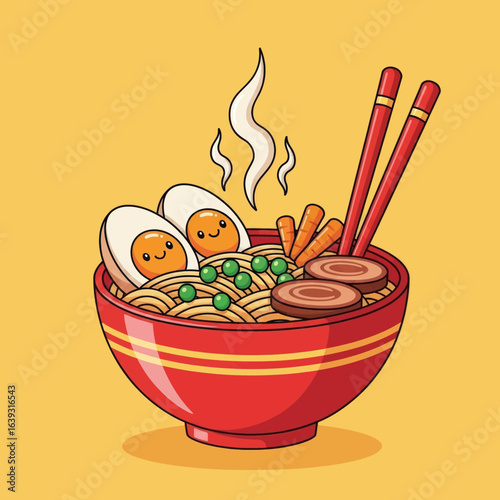 Cute cartoon vector illustration of a happy ramen bowl with chopsticks, boiled eggs, and vegetables