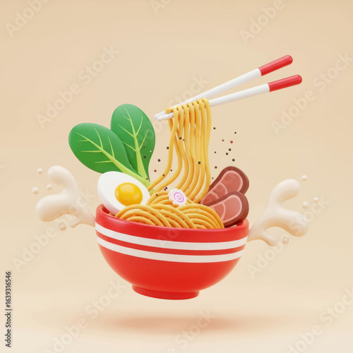 Dynamic 3D render of a delicious ramen bowl with chopsticks lifting noodles and a playful broth splash Vector Illustration