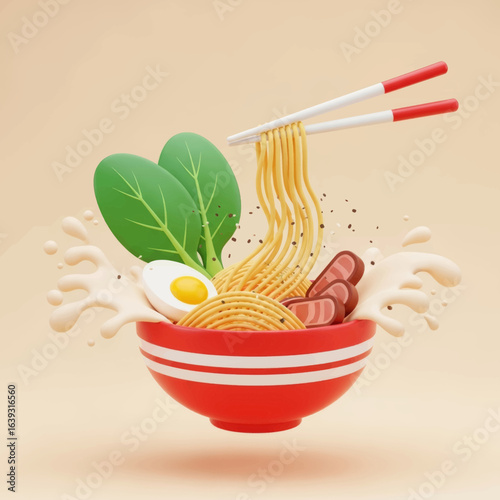 Dynamic 3D render of a delicious ramen bowl with chopsticks lifting noodles and a playful broth splash Vector Illustration