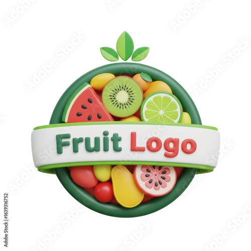 Colorful 3D render of a "Fruit Logo" badge with a medley of fresh fruits and a central banner Vector Illustration