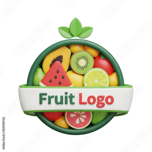Colorful 3D render of a "Fruit Logo" badge with a medley of fresh fruits and a central banner Vector Illustration
