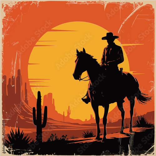 Vector silhouette of cowboy riding horse at sunset on a wooden sign