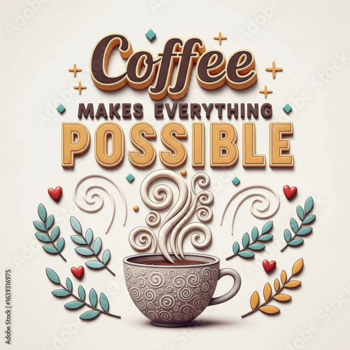 Creative typography graphic with the quote "Coffee makes everything possible" and a cozy, stylized cup