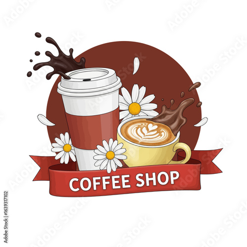 Graphic logo design for a coffee shop with a takeaway cup, latte art, and dynamic chocolate splashes
