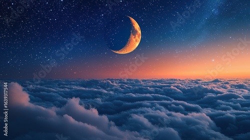 Romantic moon in starry night over clouds panorama landscape