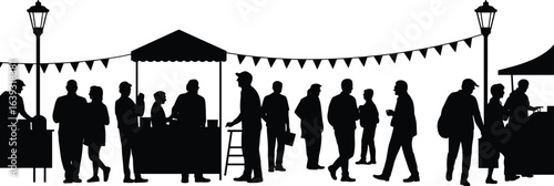 Silhouette of people at outdoor street market, enjoying shopping, walking, socializing, buying food, exploring stalls, festive atmosphere, black and white illustration