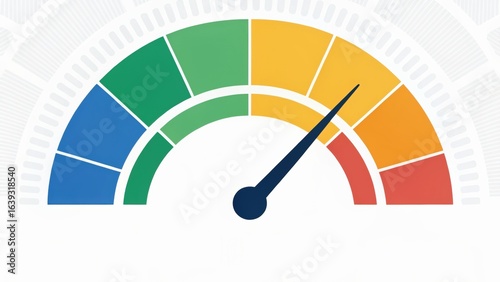 Gauge displaying a spectrum of colors from green to red, indicating levels or intensities, with a needle pointing towards a specific value.