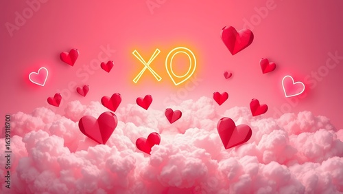 Elevated Valentine's Day Greeting with Pink Clouds and Floating Heart XO