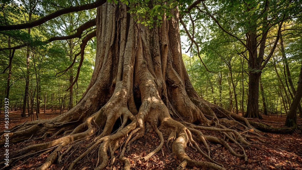 Obraz premium Giant Tree Featuring Vast Roots Inside the Forest