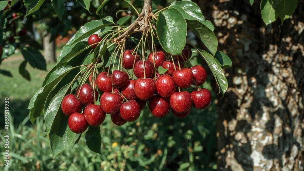 Obraz premium Branch bearing ripe cherries in a cultivated fruit garden