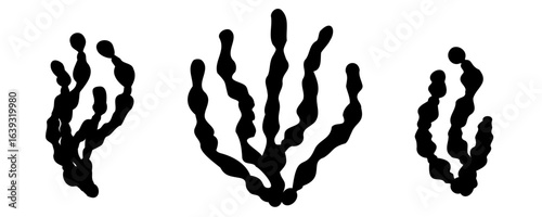 Seaweed icon. Sea algae, reef corals plants, ocean seaweed silhouettes, underwater pattern