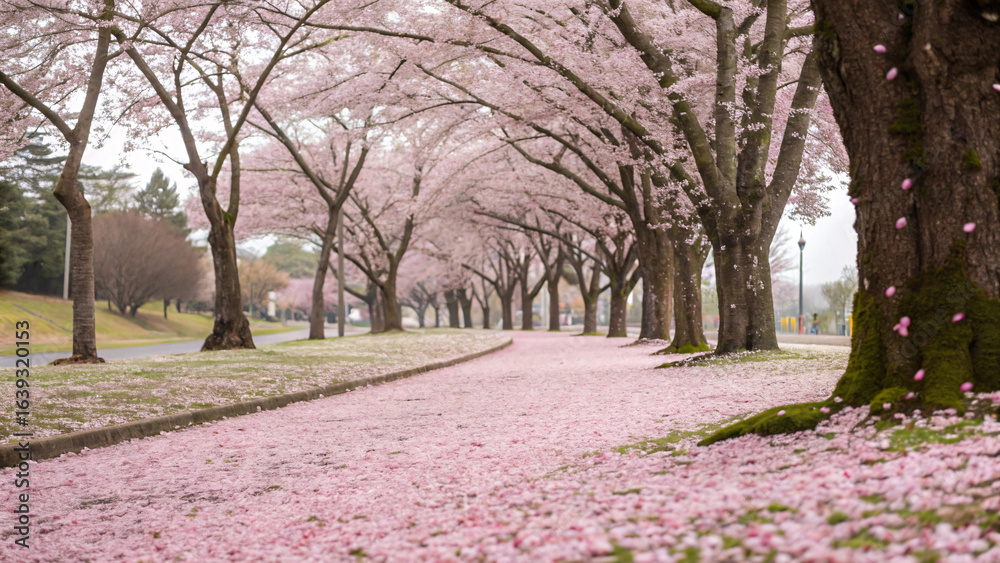 Fototapeta premium Cherry blossom tunnel pathway covered in pink fallen petals with blooming sakura trees creating natural archway in spring park