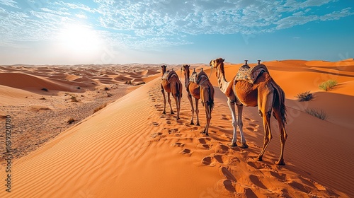 Landscape with camels in desert area, sun sand dunes, nature