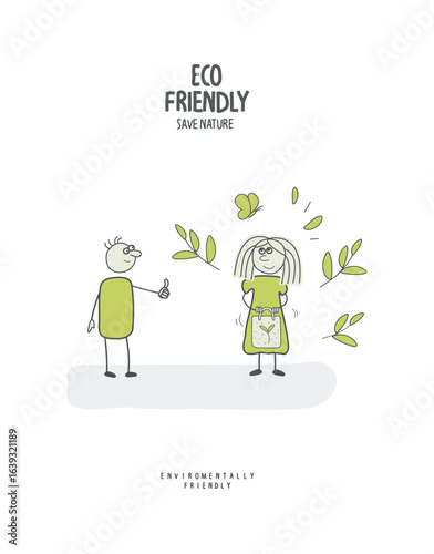 Vector hand drawn cartoon sketch of girl with eco shoper adn a boy supporting eco position. Environmentally friendly planet concept.Think Green.	