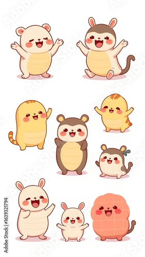 Endearing Cartoon Animals: A Collection of Four Stressed Mice and One Excited Cat