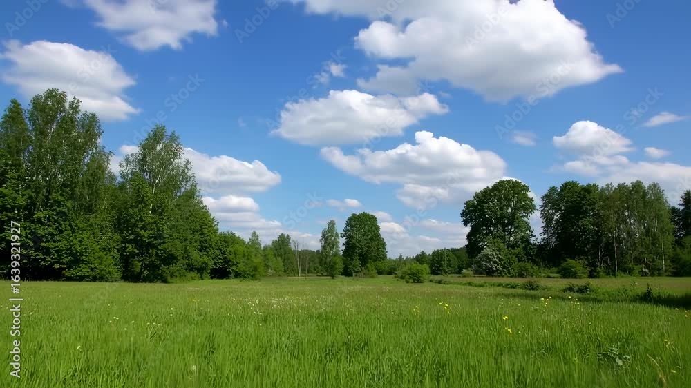 Serene Green Meadow Under a Blue Sky with Puffy White Clouds Serene Green Meadow Under a Blue Sky with Puffy White Clouds