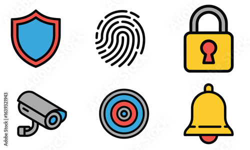 Secure your world with essential safety and security icons representing protection, identity, access, surveillance, targets, and alerts for digital or physical security.
