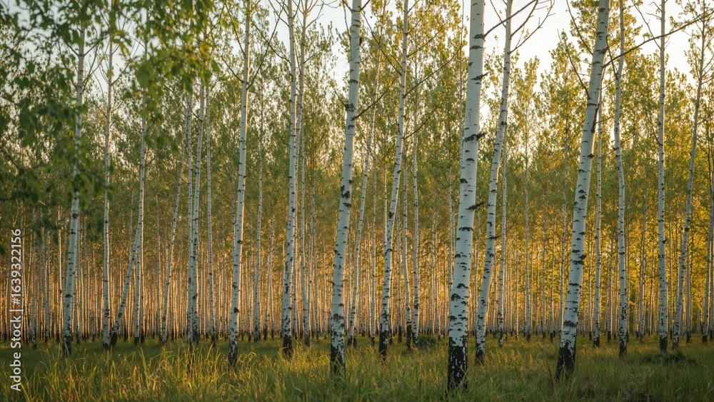 Brightly illuminated birch tree forest Brightly illuminated birch tree forest