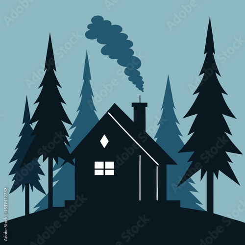 Vector art of cozy cabin in the woods with smoke coming from the chimney