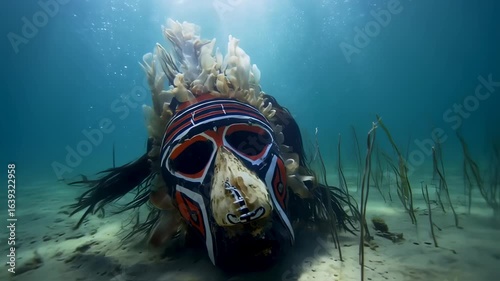 Underwater Mask: Sunken Tribal Artifact on Sandy Seabed, Mysterious Ocean Depths