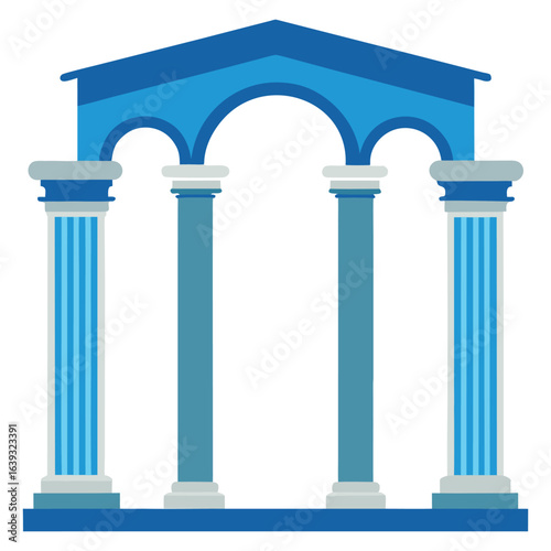 Vector art of classical building facade with columns and arches, stylized blue and white