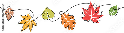 Autumn leaves hand drawn line art seamless pattern isolated on white background