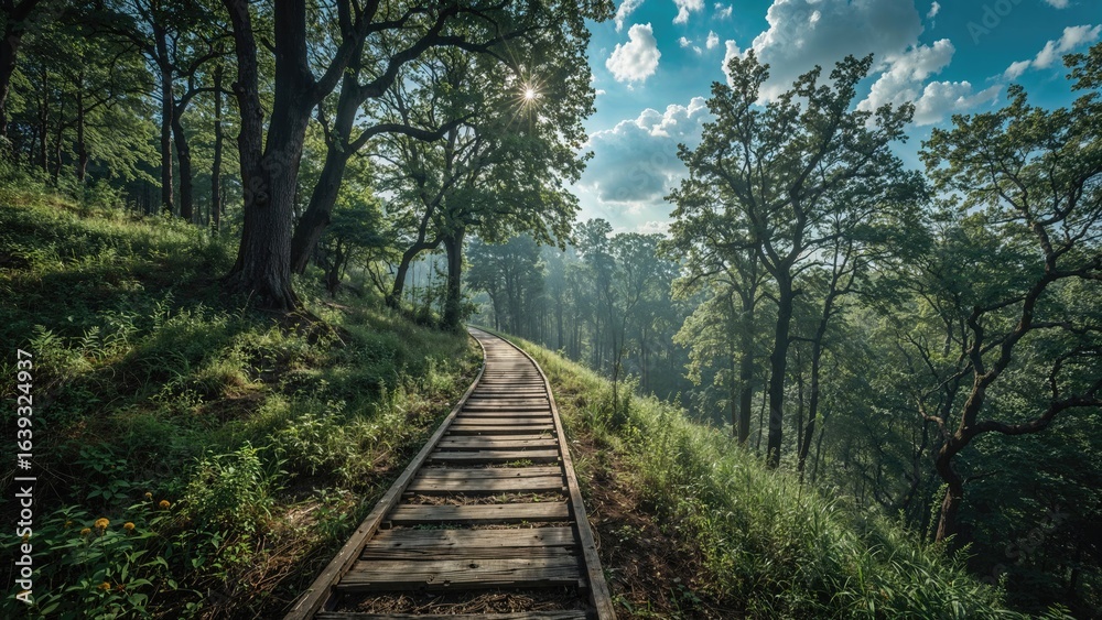 Obraz premium Sunlit forest pathway in the heart of summer