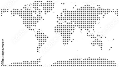 Dotted world map showcasing a great graphic for global business solutions. The dot map focusing the interconnectedness of worldwide industry and commerce.